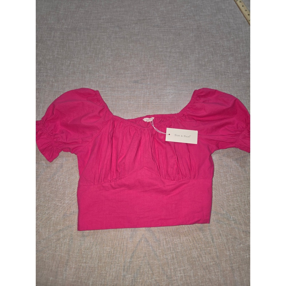 Sim & Sam Women Puff Sleeve Crop Top Fuschia Rose Pink Square Neck 163880BL L